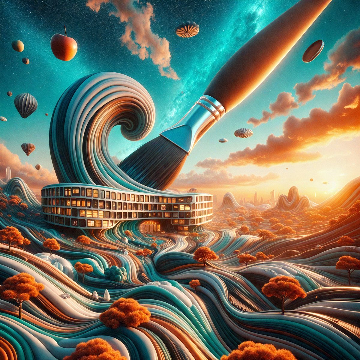 The primary subject of the image is a large painting of a building with a giant paintbrush. The setting is a surreal landscape with a blue sky and clouds. The visual style is a digital art or illustration, creating a unique and imaginative scene. The dominant colors are blue and white, giving the painting a calming and serene atmosphere.